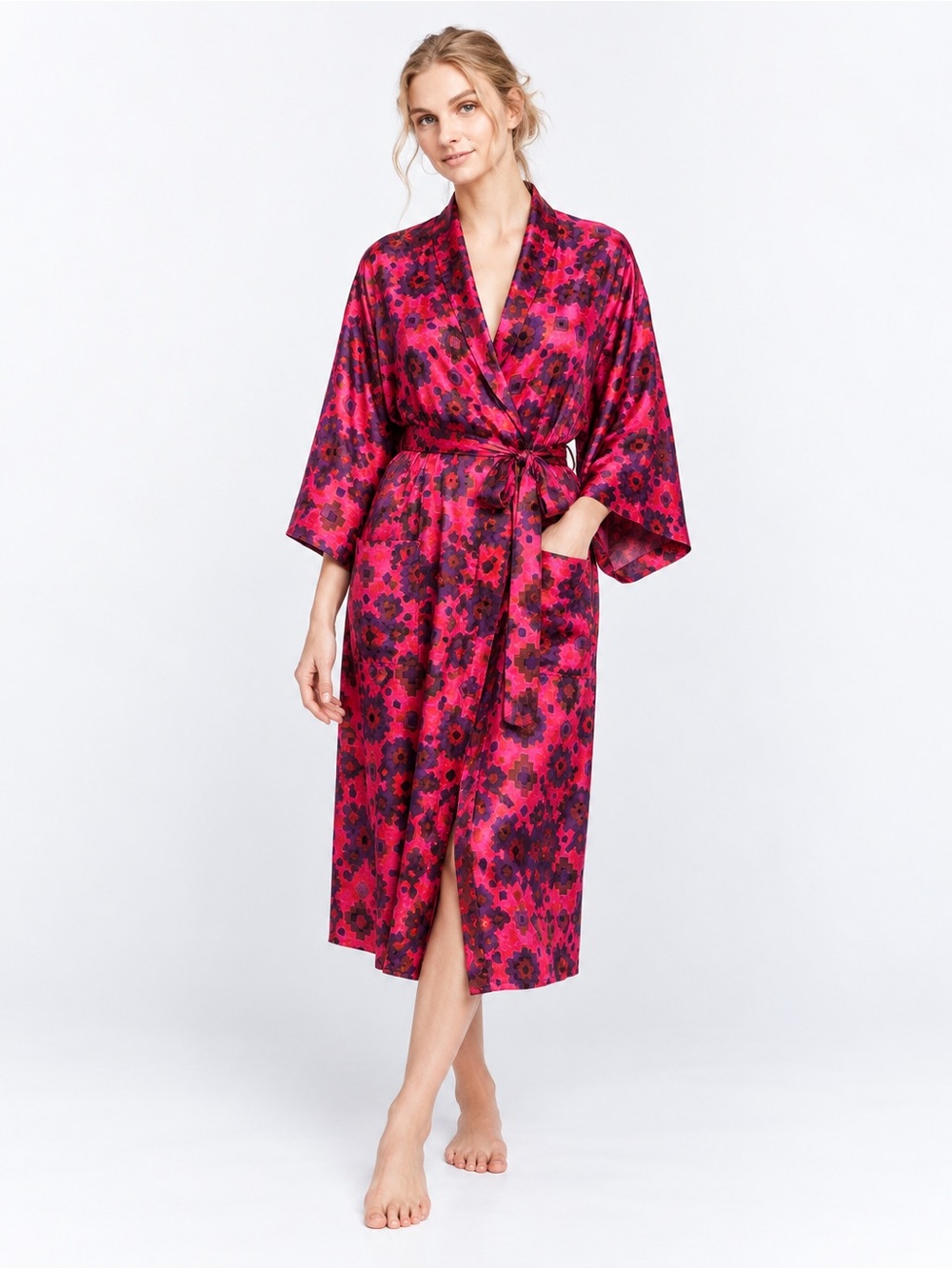 💎 STAR OF SIAM RARE 100% PURE SILK VINTAGE KIMONO ROBE GEOMETRIC PRINT